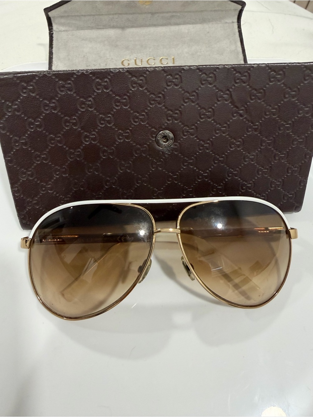 Gucci GG 1827/S White Gold Aviator Sunglasses w Case